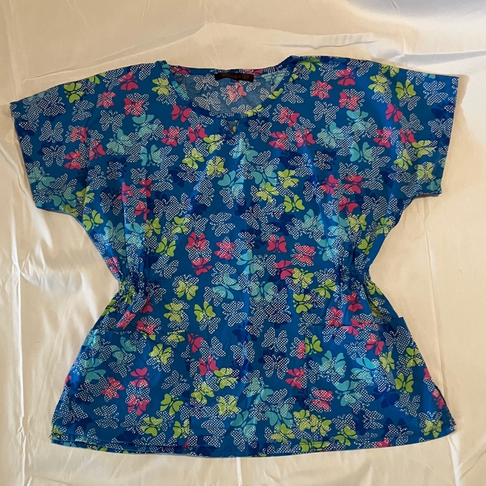 Flex Vibrant Butterfly Print Women's Scrub Top